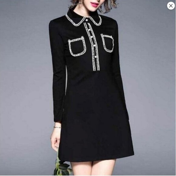Sonja Morgan Black Collared Long Sleeve Mini Dress Beaded Trim, Size Large NWT - Picture 2 of 15